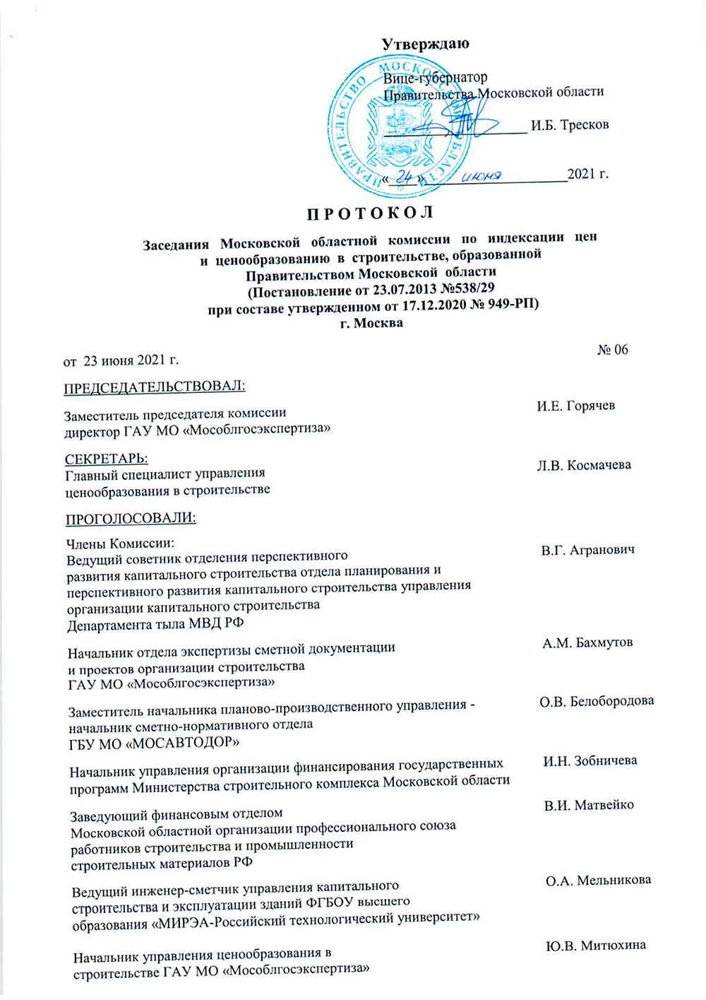 Протокол Мособлгосэкспертизы №06 от 23.06.2021 года