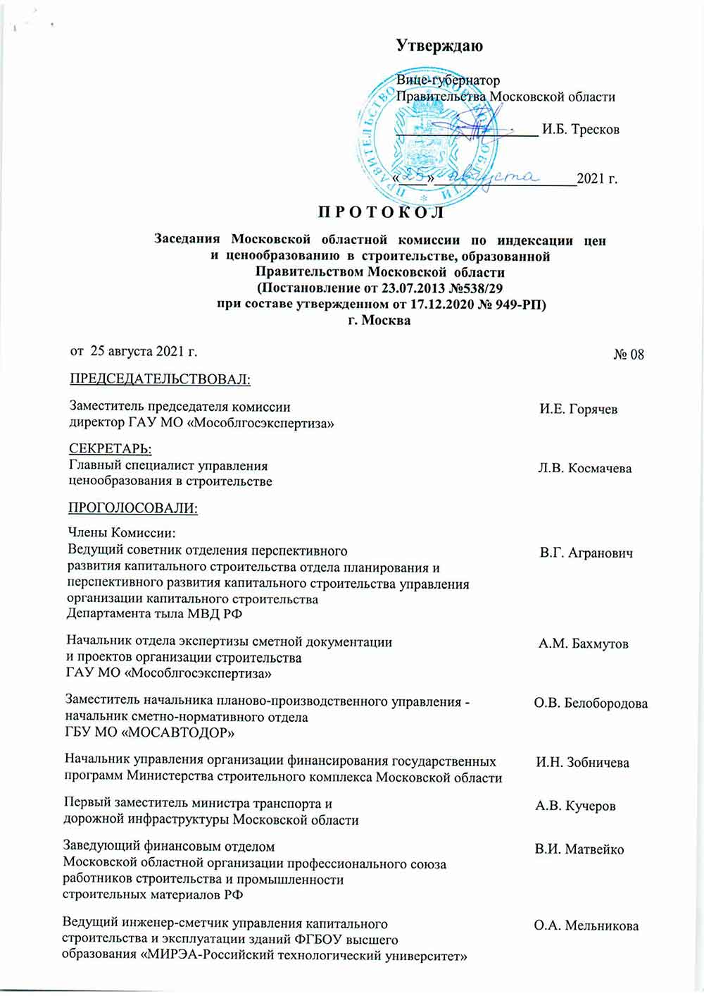 Протокол Мособлгосэкспертизы №08 от 25.08.2021 года