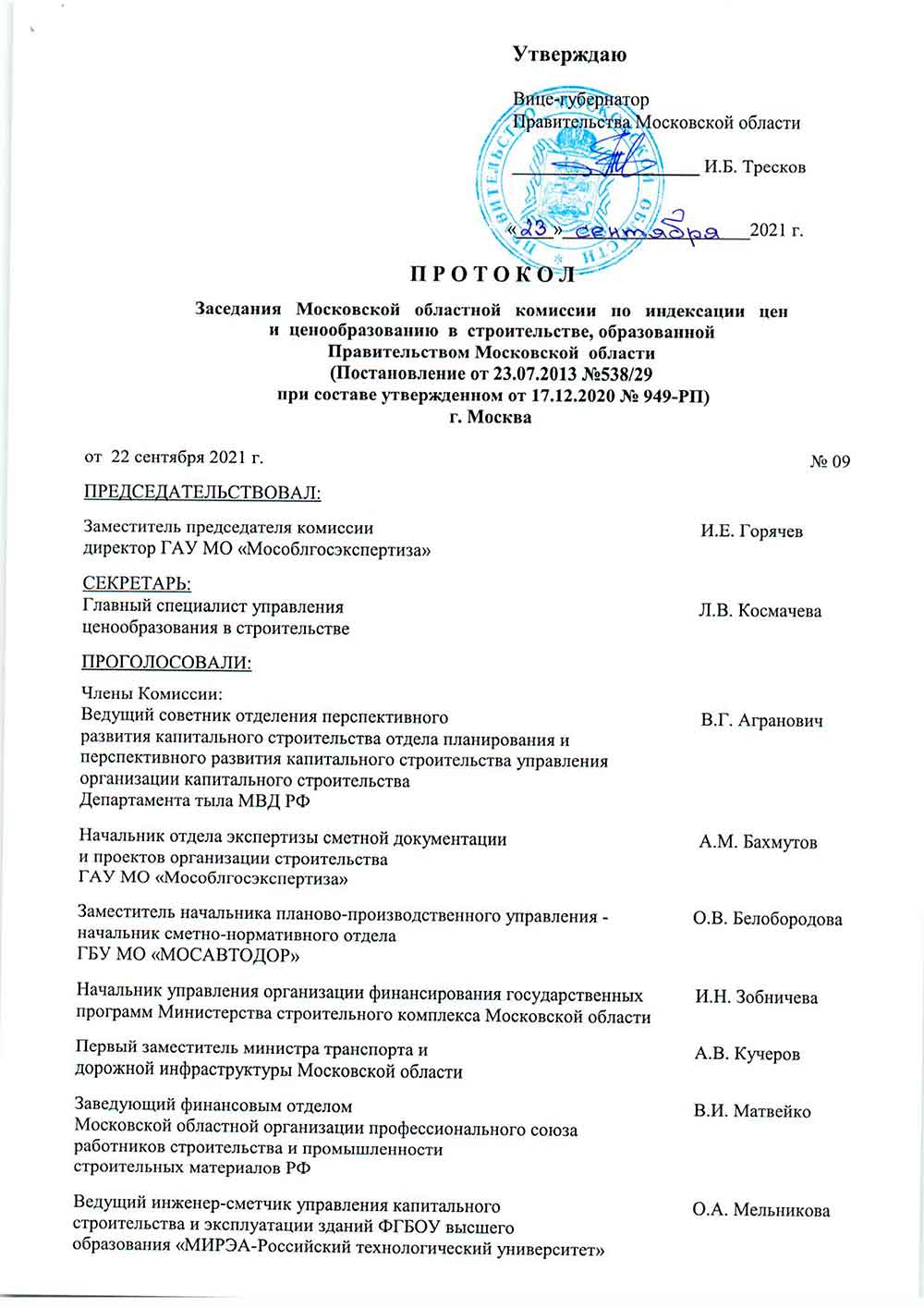 Протокол Мособлгосэкспертизы №09 от 22.09.2021 года